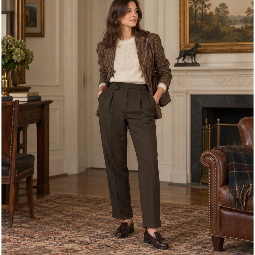 Lauren Ralph Lauren Petite Brown Worsted Wool Pleated Cuffed Trousers 8P